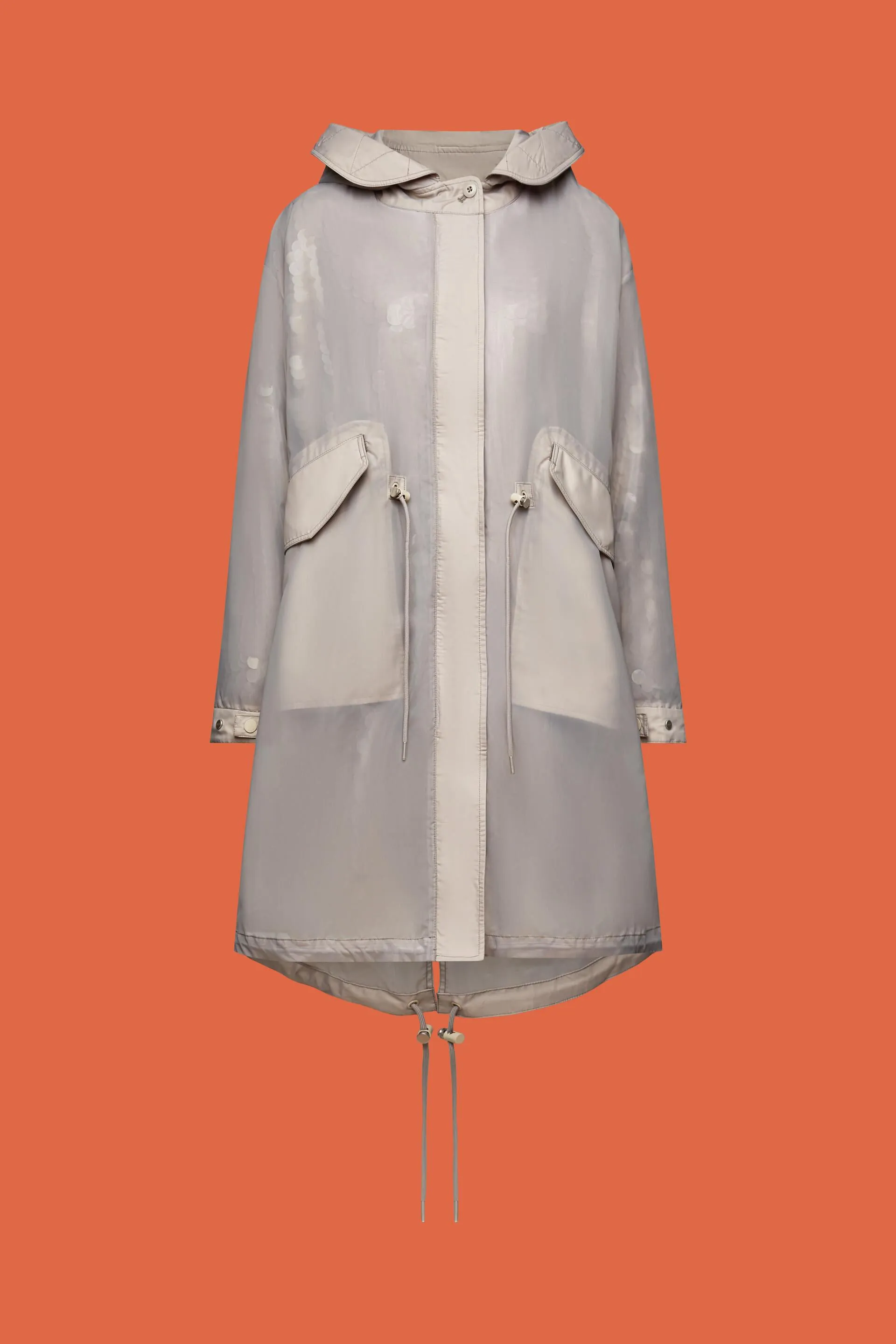 Parka con capucha y forro semitransparentes con lentejuelas
