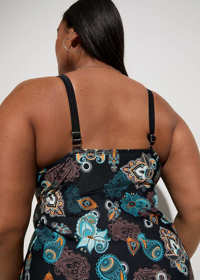 PARTE SUPERIOR DE TANKINI (2 PIEZAS) CON COMPARTIMENTOS PARA PRóTESIS DE POLIAMIDA RECICLADA NEGRONARANJA CON PATRóN PAISLEY