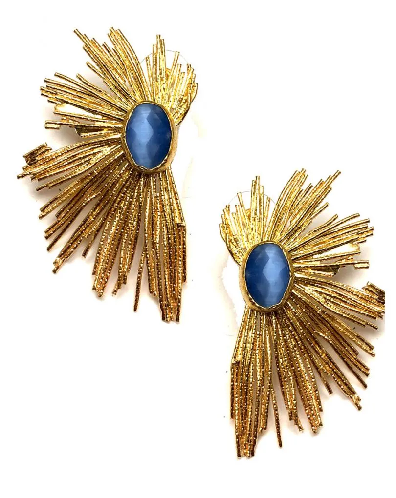 PENDIENTES DE MODA ALTA BISUTERIA MUJER, BAÑO ORO  Y PIEDRA AZUL CELESTE