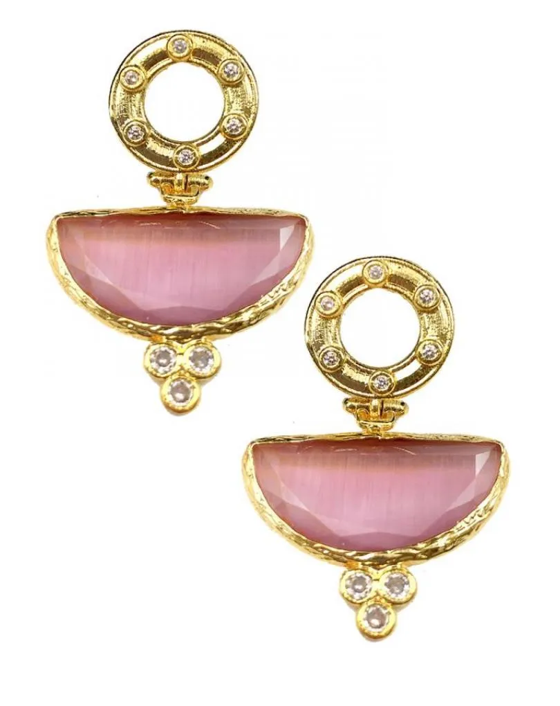 PENDIENTES DE MUJER CON PIEDRAS ROSAS CON BAÑO DE ORO