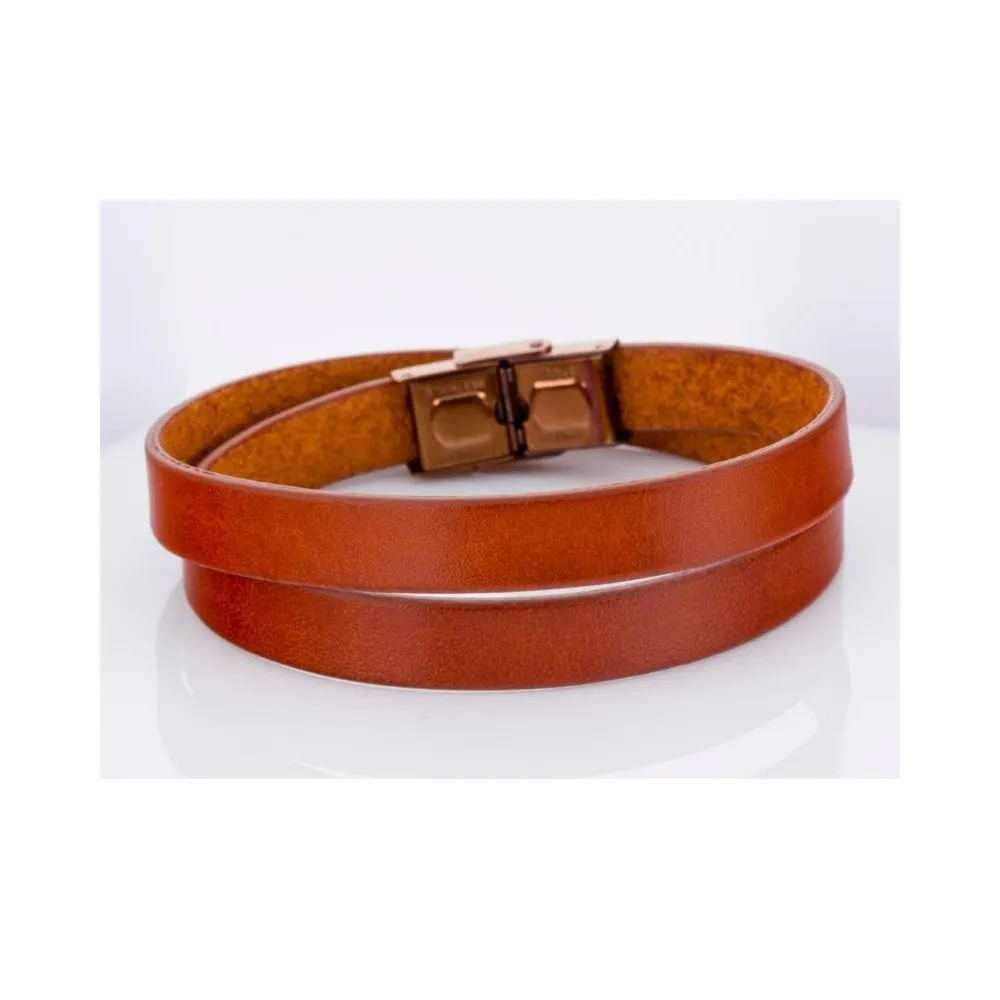Pulsera de piel doble marron y acero ip marron