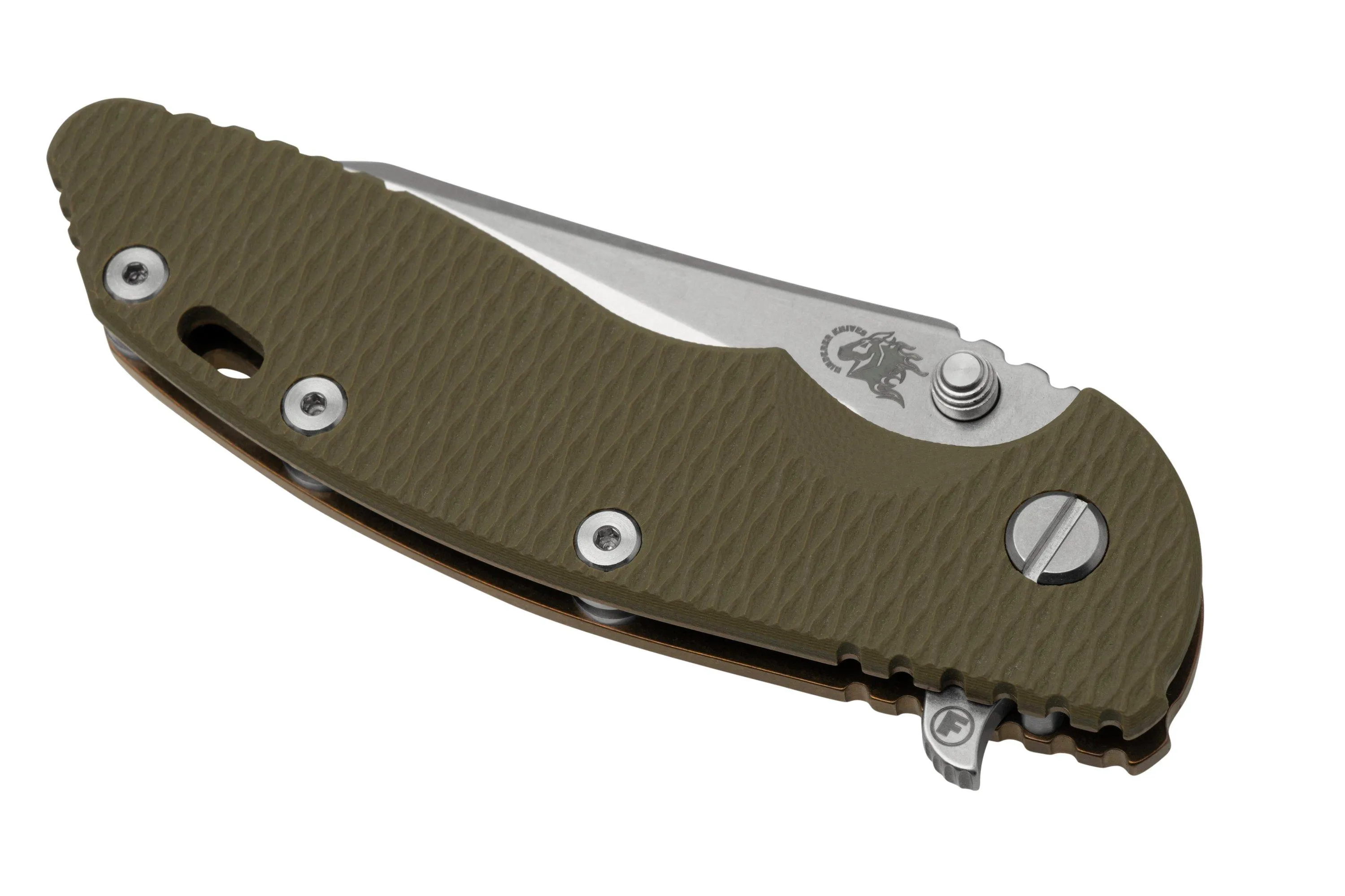 RICK HINDERER XM18 3.5" WHARNCLIFFE FATTY S45VN, BRONCE LAVADO A LA PIEDRA VERDE OD G10 NAVAJA
