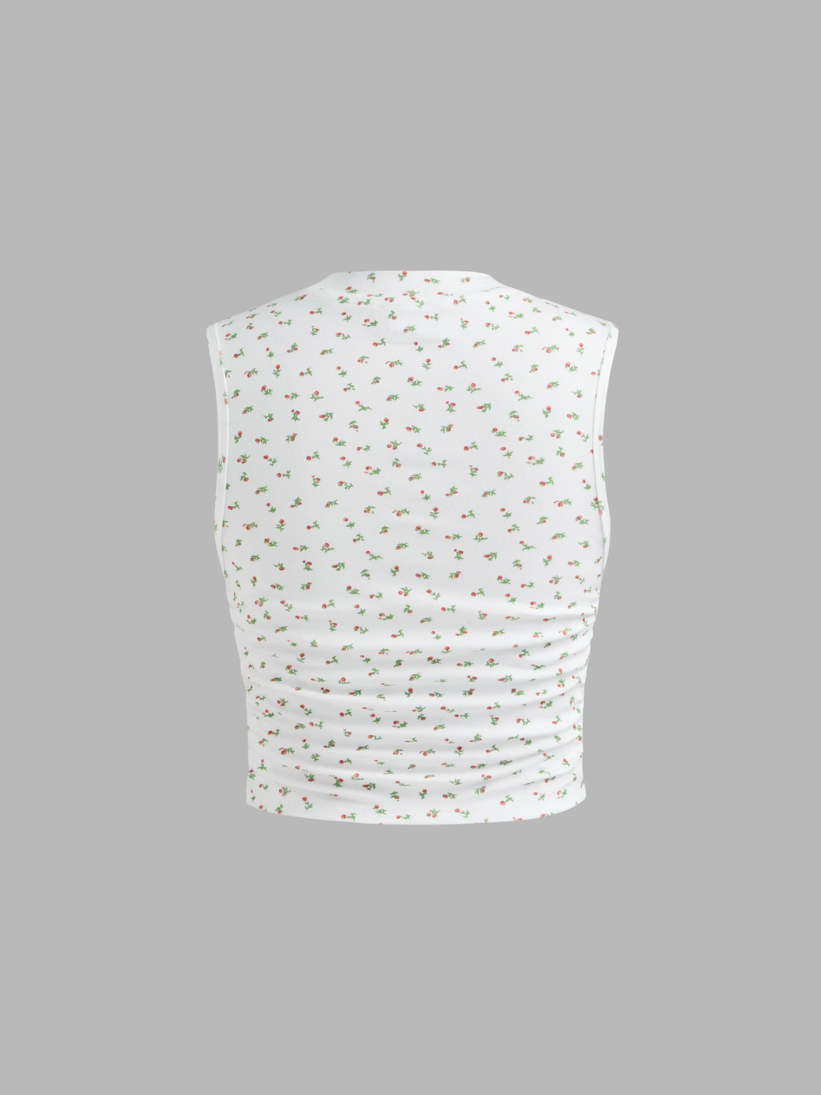 Top corto fruncido con estampado floral y cuello redondo