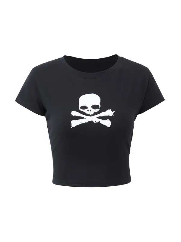 Top corto Y2K de manga corta con estampado de calaveras