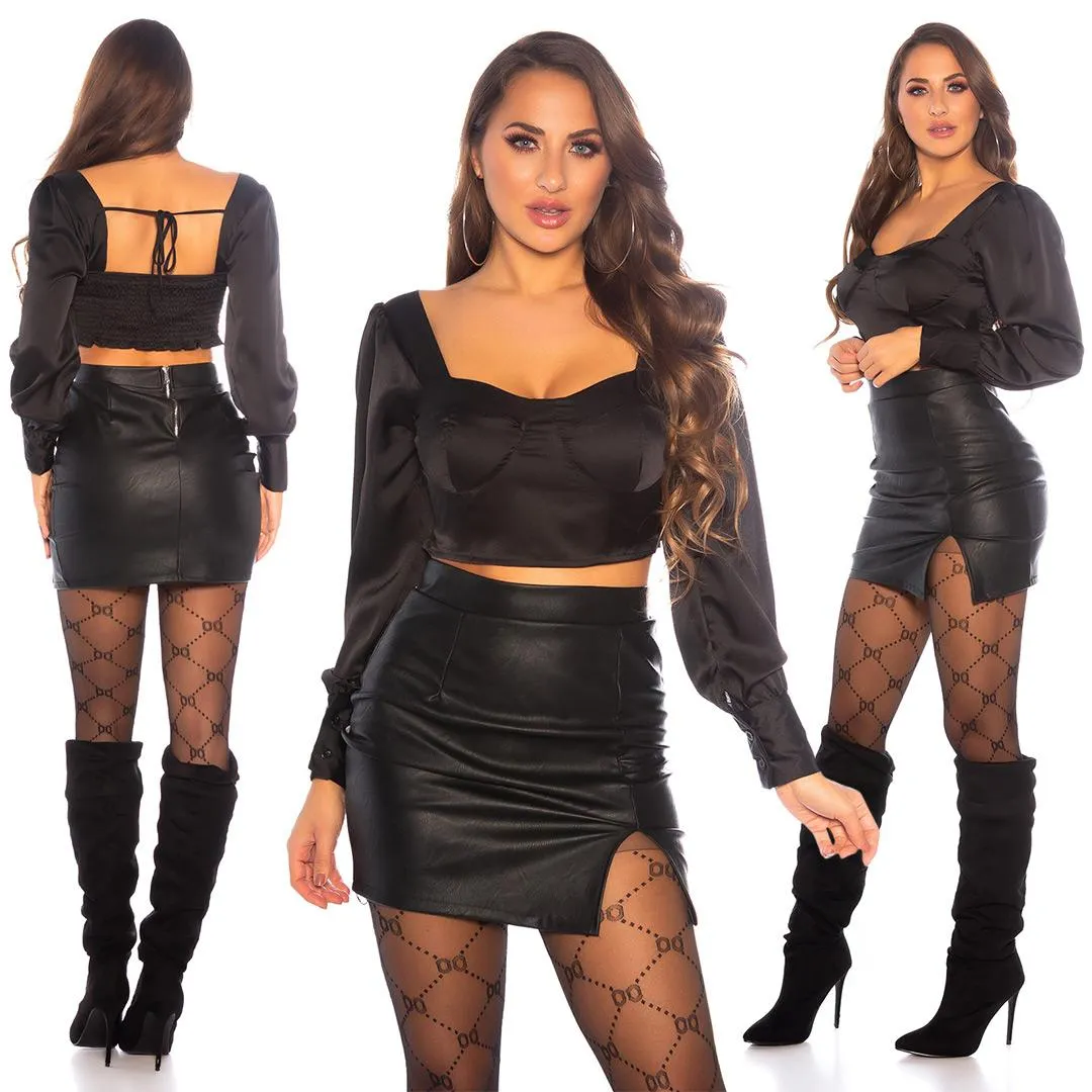 Top crop satinado negro