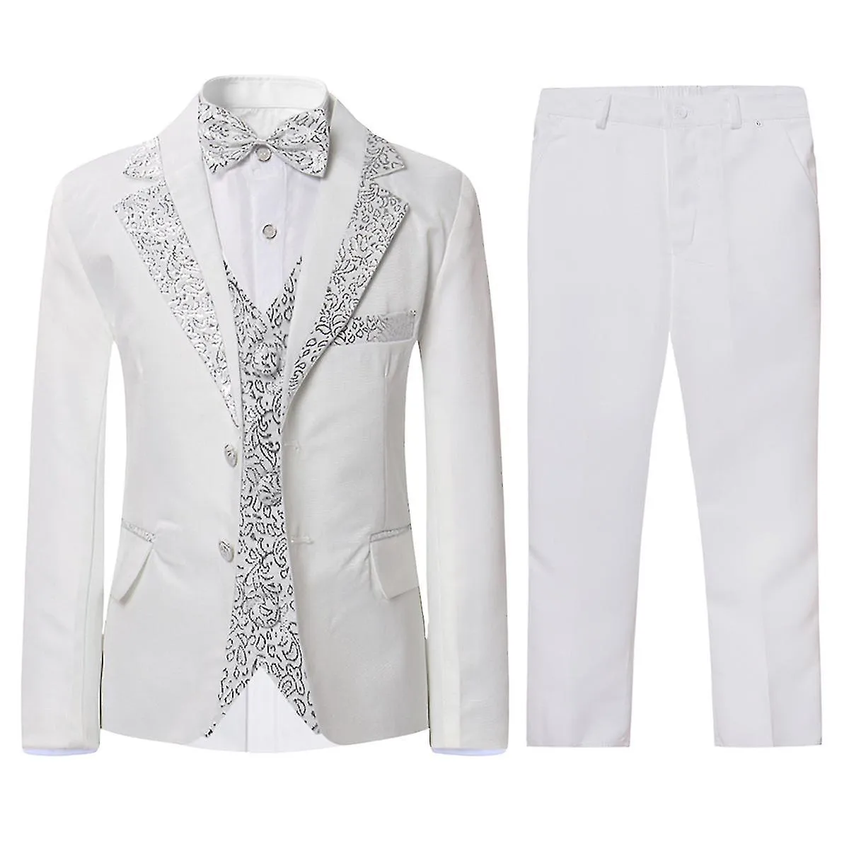 Trajes de ajuste delgado para niños 4 piezas Blazer Chaleco Pantalones Pajarita Fiesta de bodas Prom
