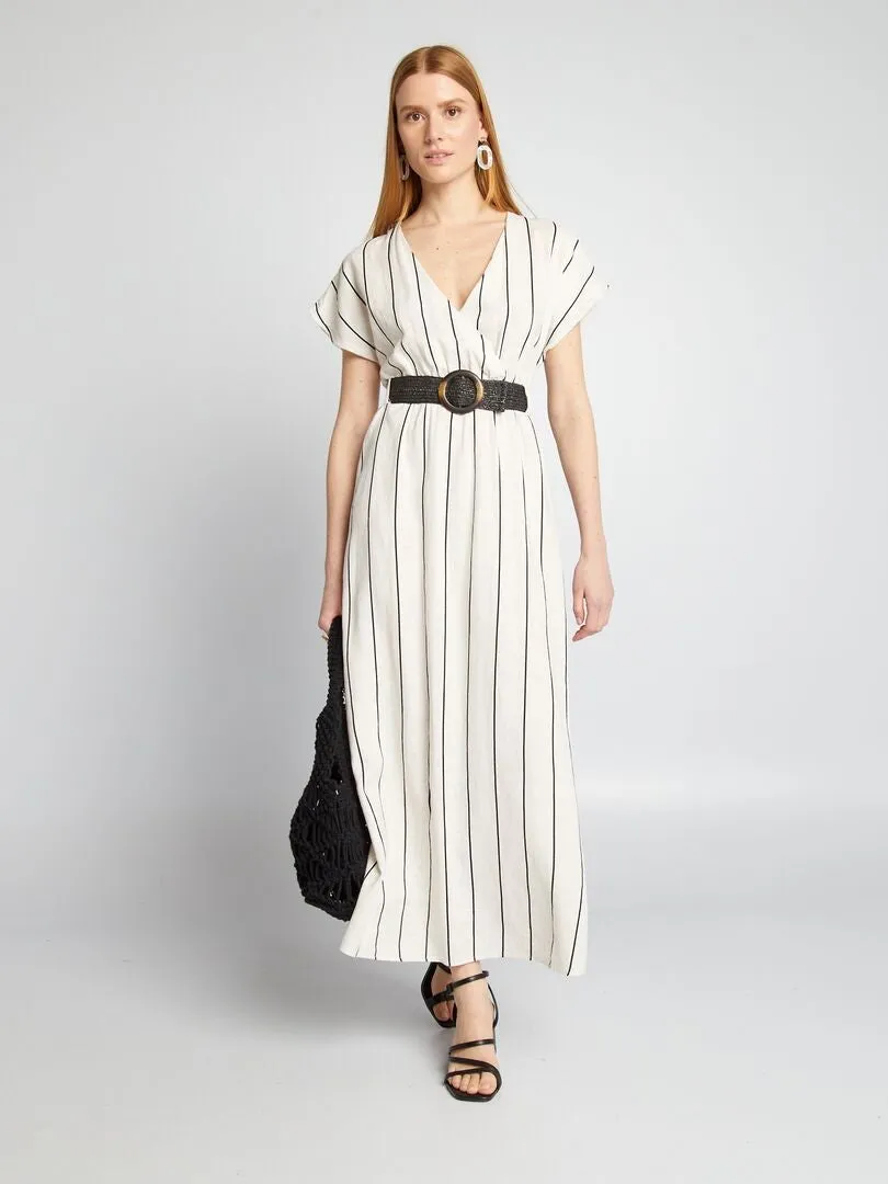 VESTIDO DE MEZCLA DE LINO A RAYAS  BEIGE