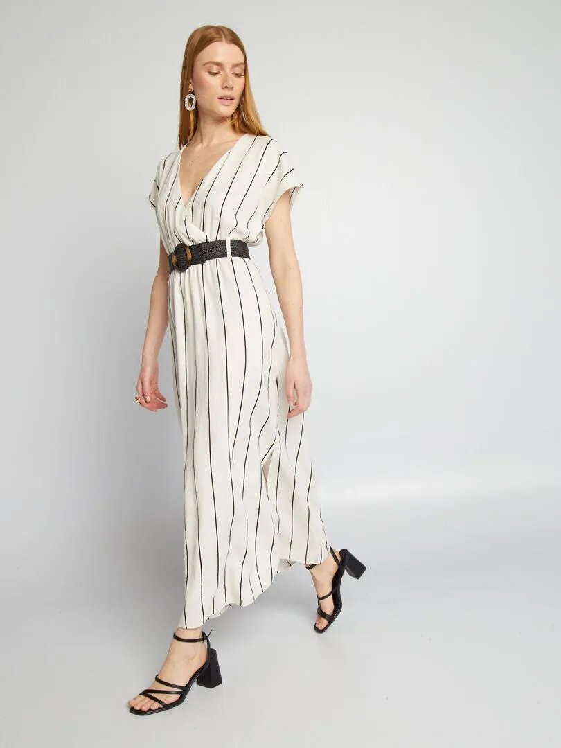 VESTIDO DE MEZCLA DE LINO A RAYAS  BEIGE