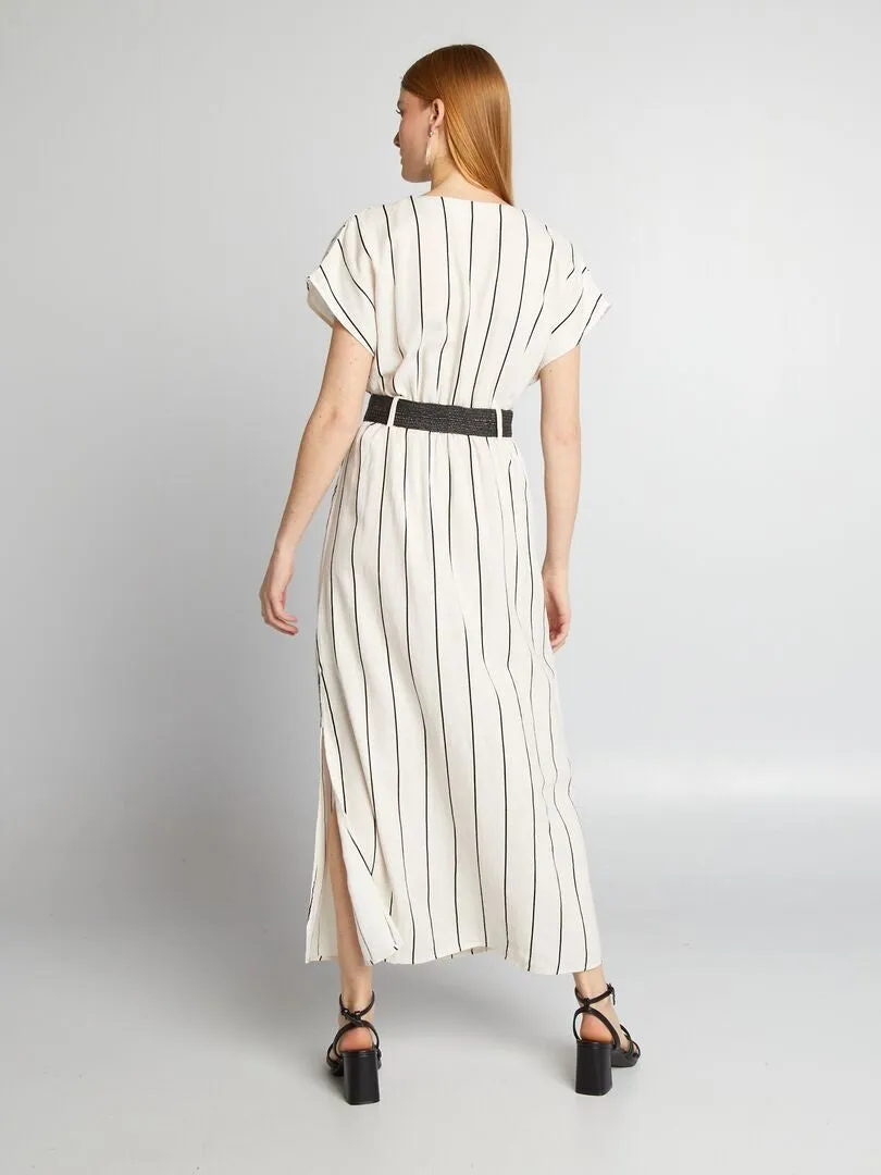 VESTIDO DE MEZCLA DE LINO A RAYAS  BEIGE