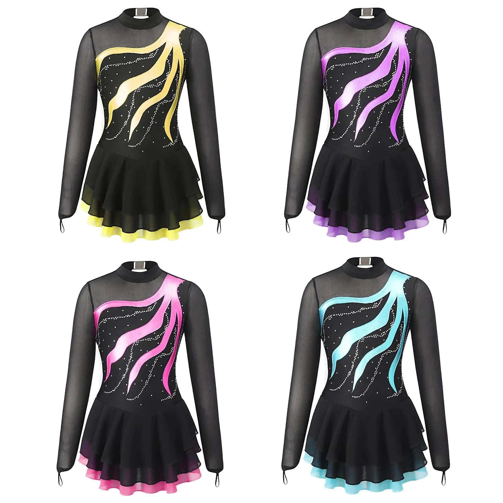 Vestido de patinaje artístico Niños Niñas Manga larga Rhinestone Patchwork Ballet Dance Dress Maillot de gimnasia para la compet
