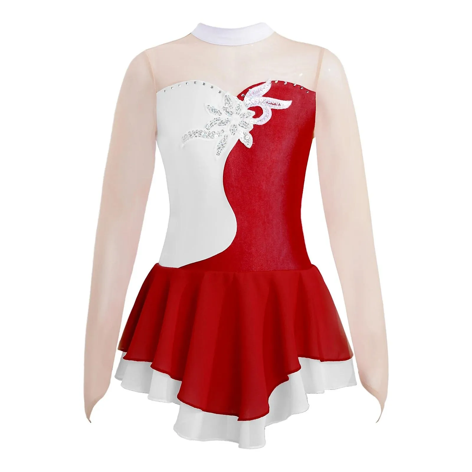 Vestido de patinaje artístico Niños Niñas Manga larga Rhinestone Patchwork Ballet Dance Dress Maillot de gimnasia para la compet