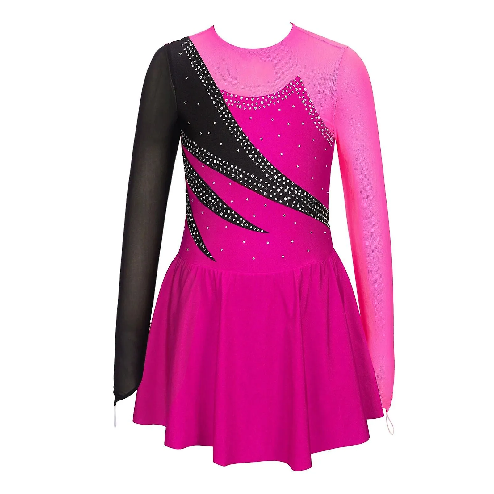 Vestido de patinaje artístico Niños Niñas Manga larga Rhinestone Patchwork Ballet Dance Dress Maillot de gimnasia para la compet