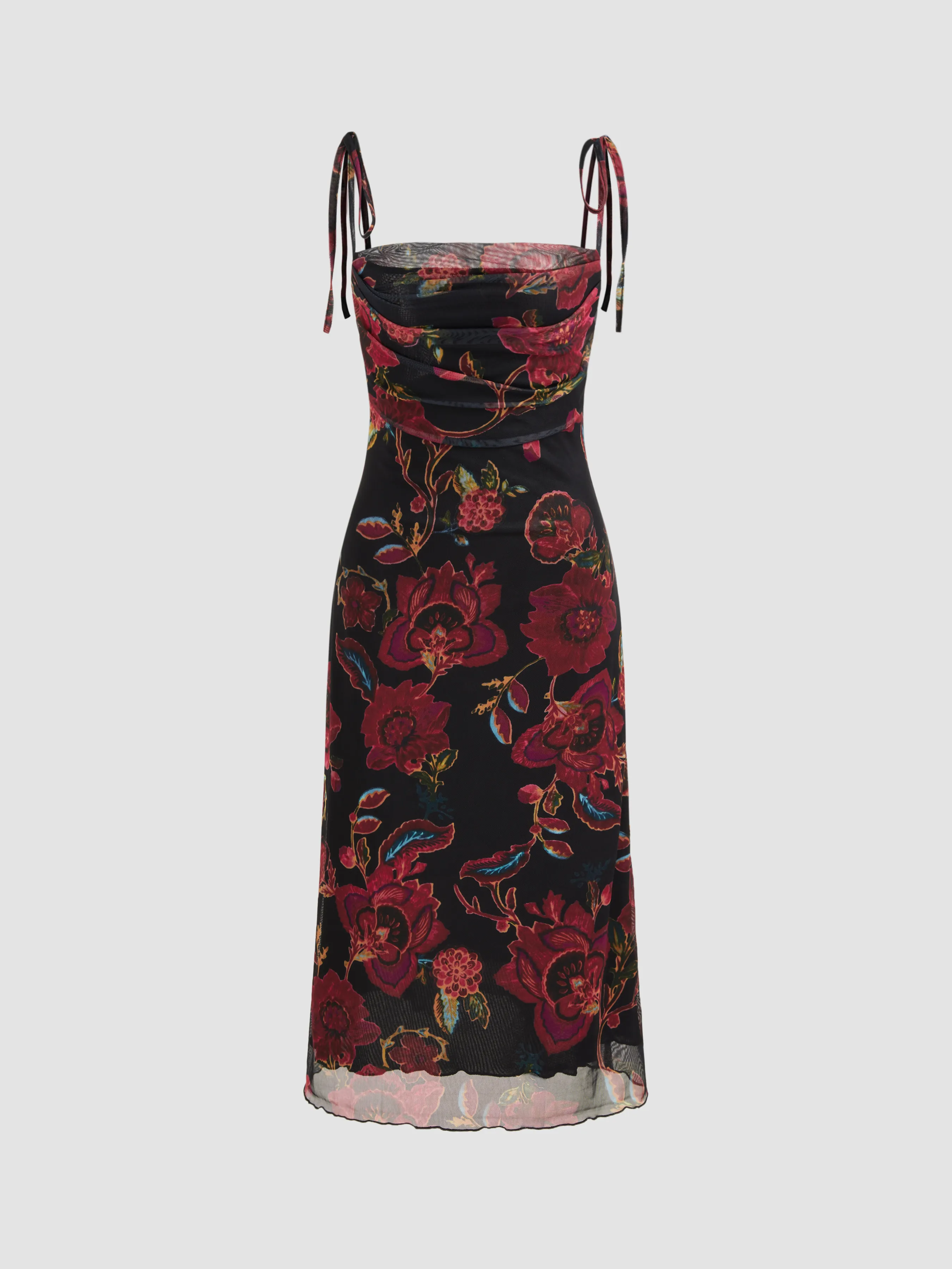 Vestido Midi Anudado con Cuello Cuadrado y Estampado Floral