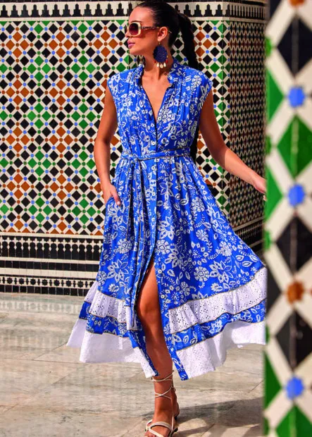 Vestido midi azul flores con cinturon