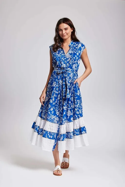 Vestido midi azul flores con cinturon