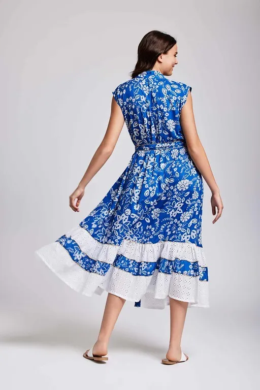 Vestido midi azul flores con cinturon