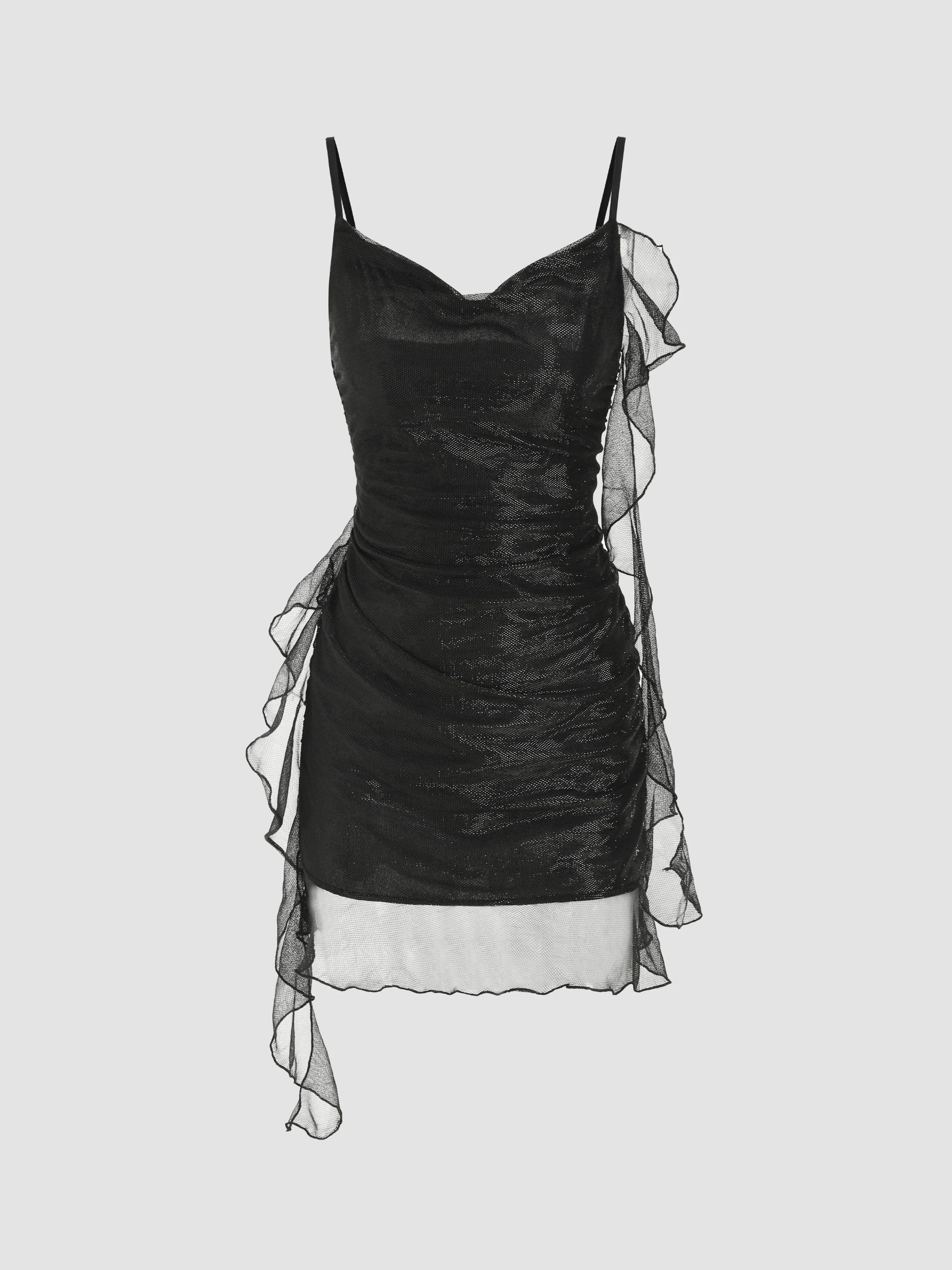  Vestido Midi con Cuello Drapeado y Dobladillo con Volantes