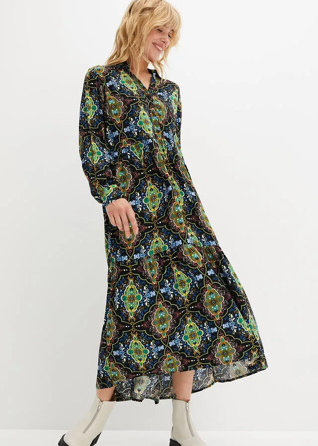 Vestido midi con estampado Negro con patrón Paisley