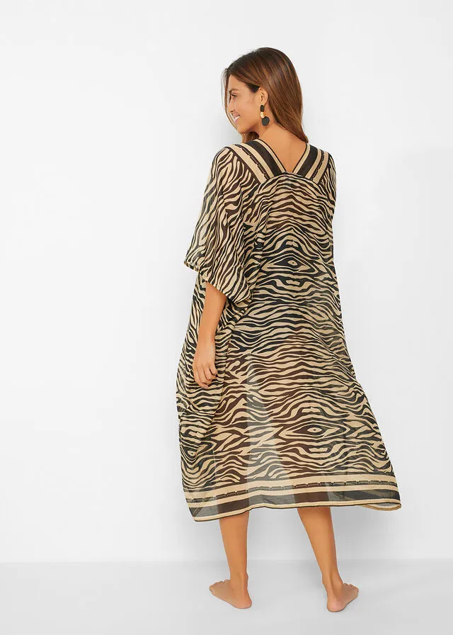VESTIDO NEGROBEIGE CON ESTAMPADO DE CEBRA