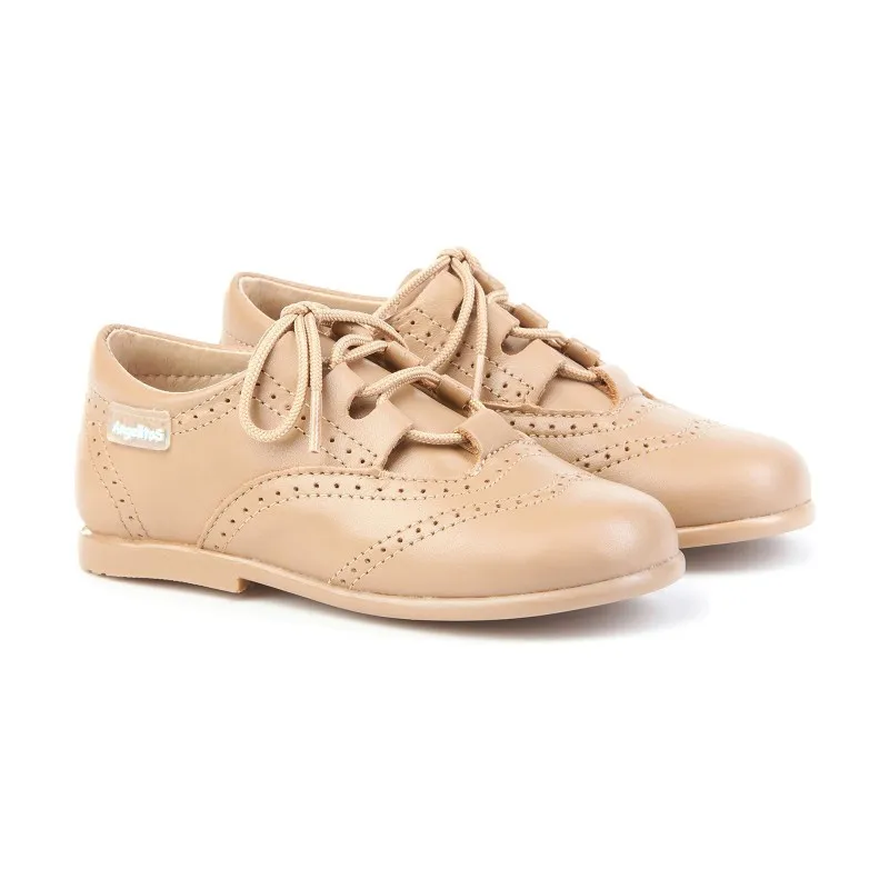 Zapatos Inglesitos Colegiales Infantil Niño Niña Piel Cordones 505 Camel, de Angelitos