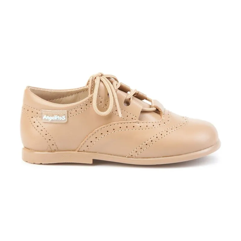 Zapatos Inglesitos Colegiales Infantil Niño Niña Piel Cordones 505 Camel, de Angelitos