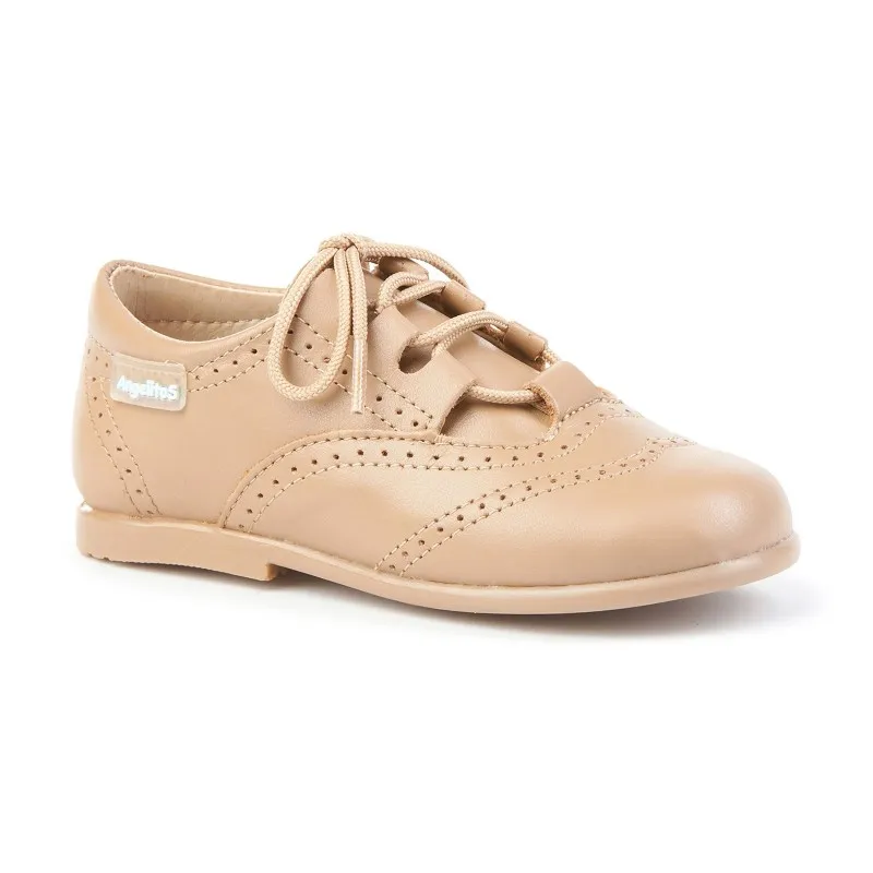 Zapatos Inglesitos Colegiales Infantil Niño Niña Piel Cordones 505 Camel, de Angelitos