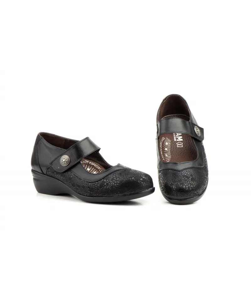 Zapatos Mujer Ancho Especial Licra Piel Negro Velcro