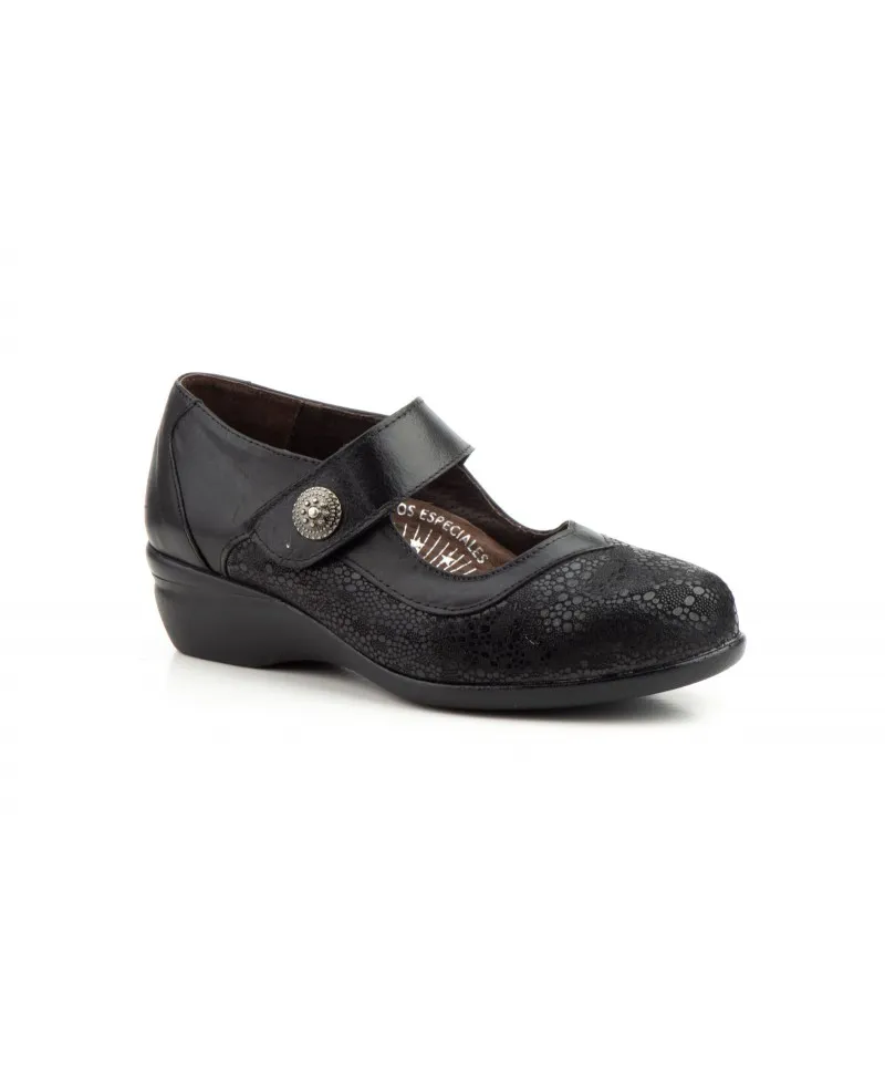 Zapatos Mujer Ancho Especial Licra Piel Negro Velcro