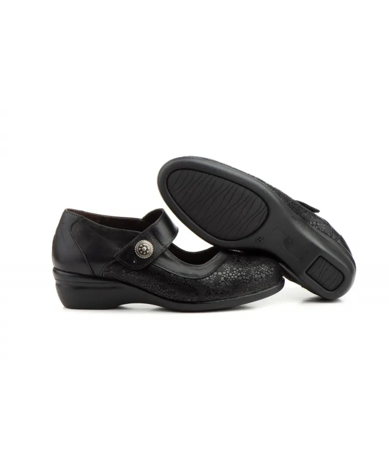 Zapatos Mujer Ancho Especial Licra Piel Negro Velcro