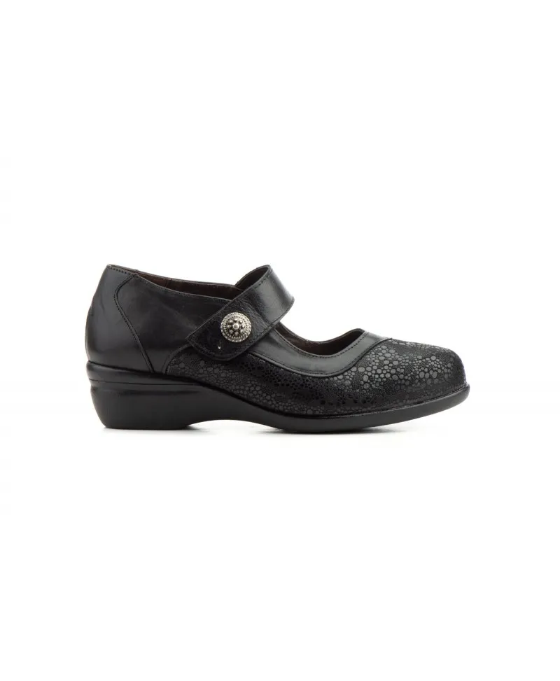 Zapatos Mujer Ancho Especial Licra Piel Negro Velcro
