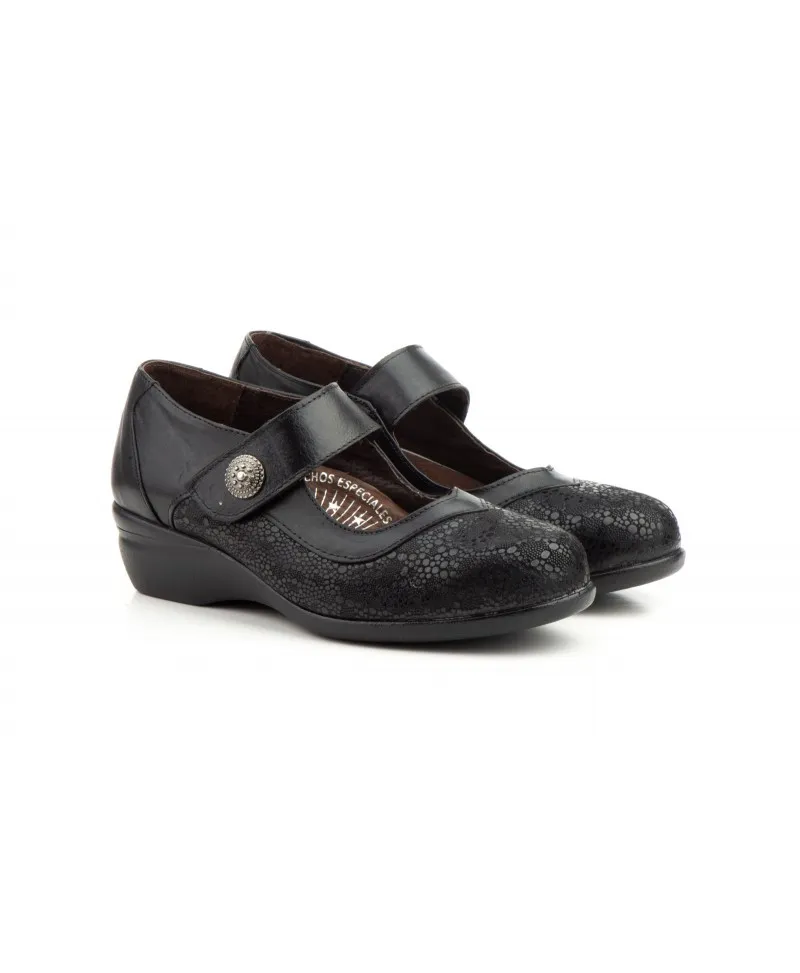 Zapatos Mujer Ancho Especial Licra Piel Negro Velcro
