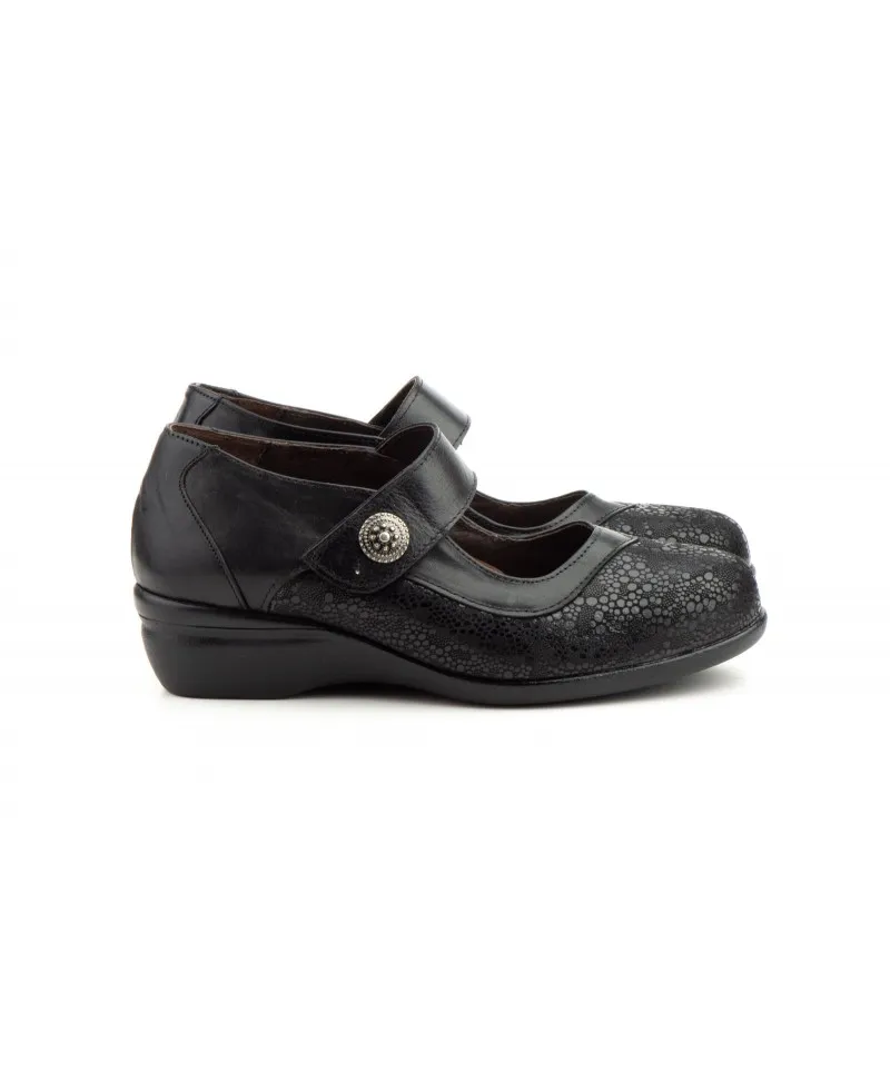 Zapatos Mujer Ancho Especial Licra Piel Negro Velcro