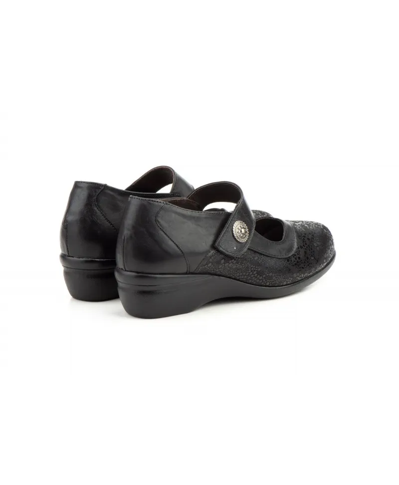 Zapatos Mujer Ancho Especial Licra Piel Negro Velcro