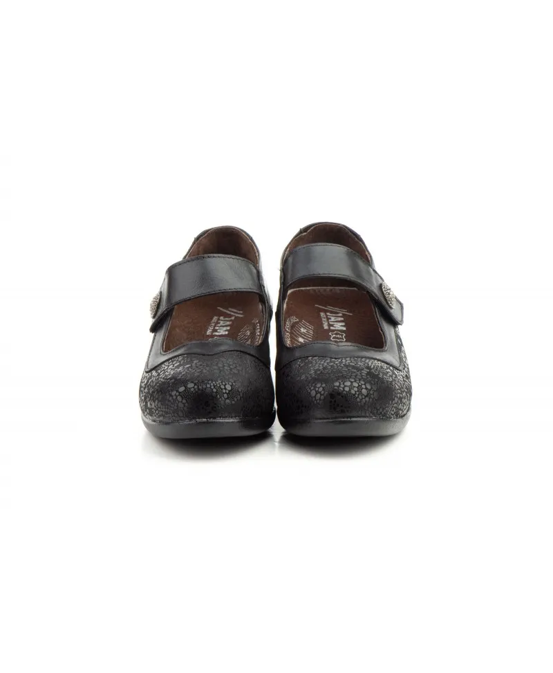 Zapatos Mujer Ancho Especial Licra Piel Negro Velcro