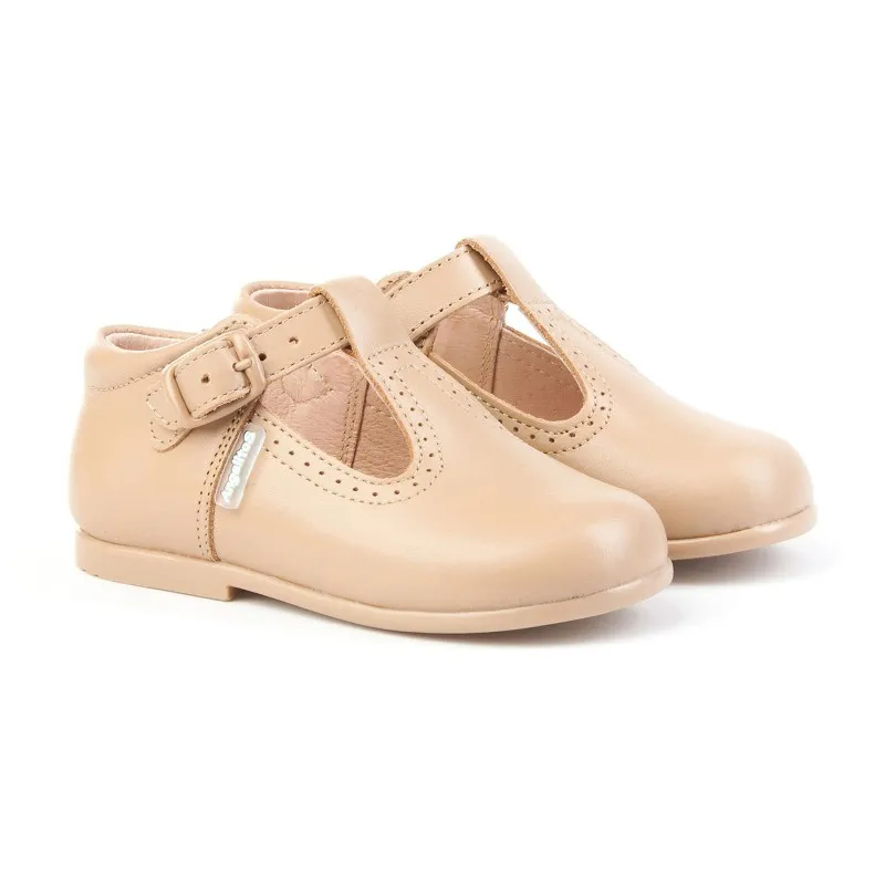 Zapatos Pepitos Colegiales Infantil Niño Niña Piel Hebilla 503 Camel, de Angelitos