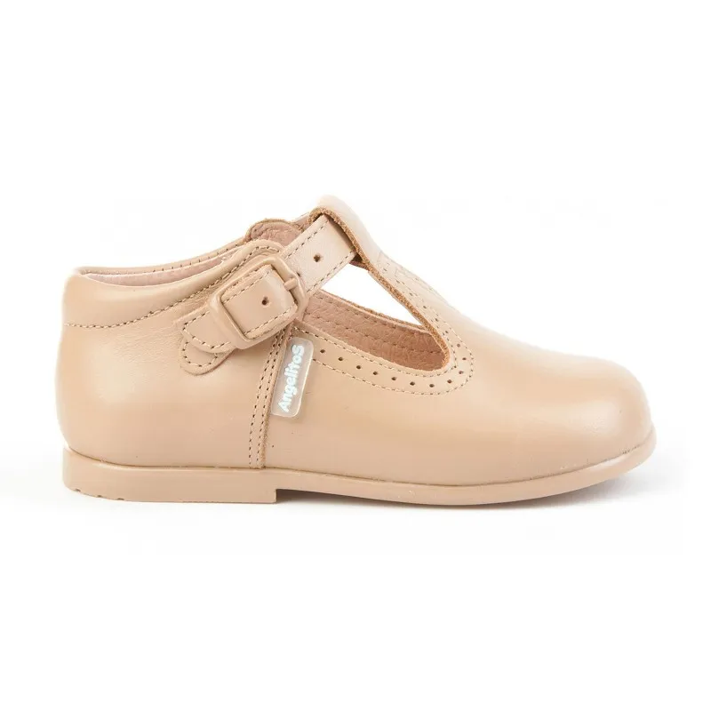 Zapatos Pepitos Colegiales Infantil Niño Niña Piel Hebilla 503 Camel, de Angelitos
